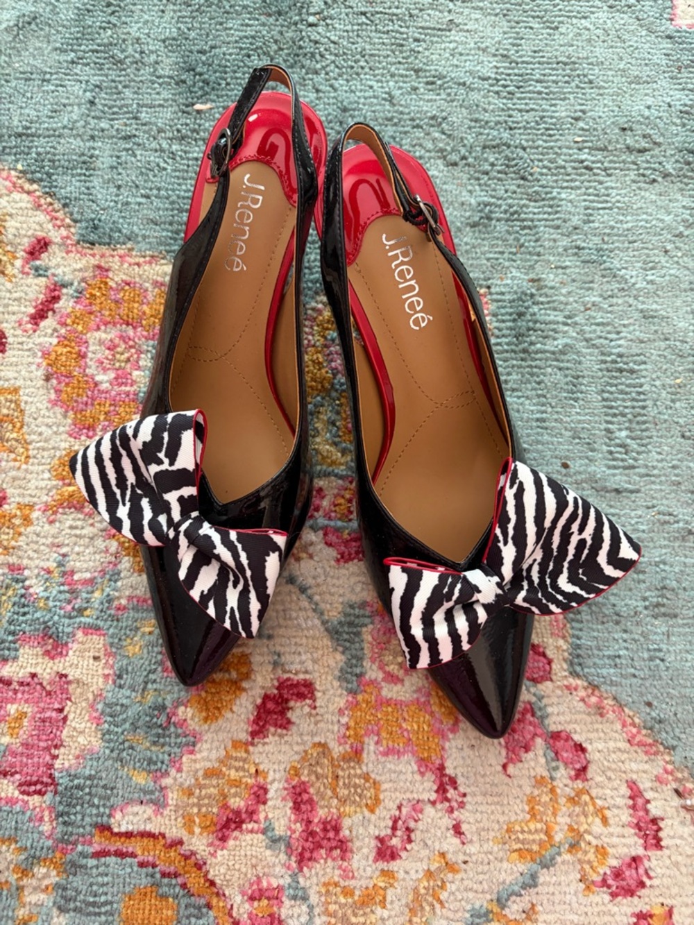 J.Renee Black Patent Pointed Slingbacks with Zebra Bow Accent